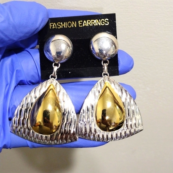 Two-Tone Triangle Drop Earrings | Polished Silver & Gold Teardrop Dangle Jewelry - Picture 3 of 7